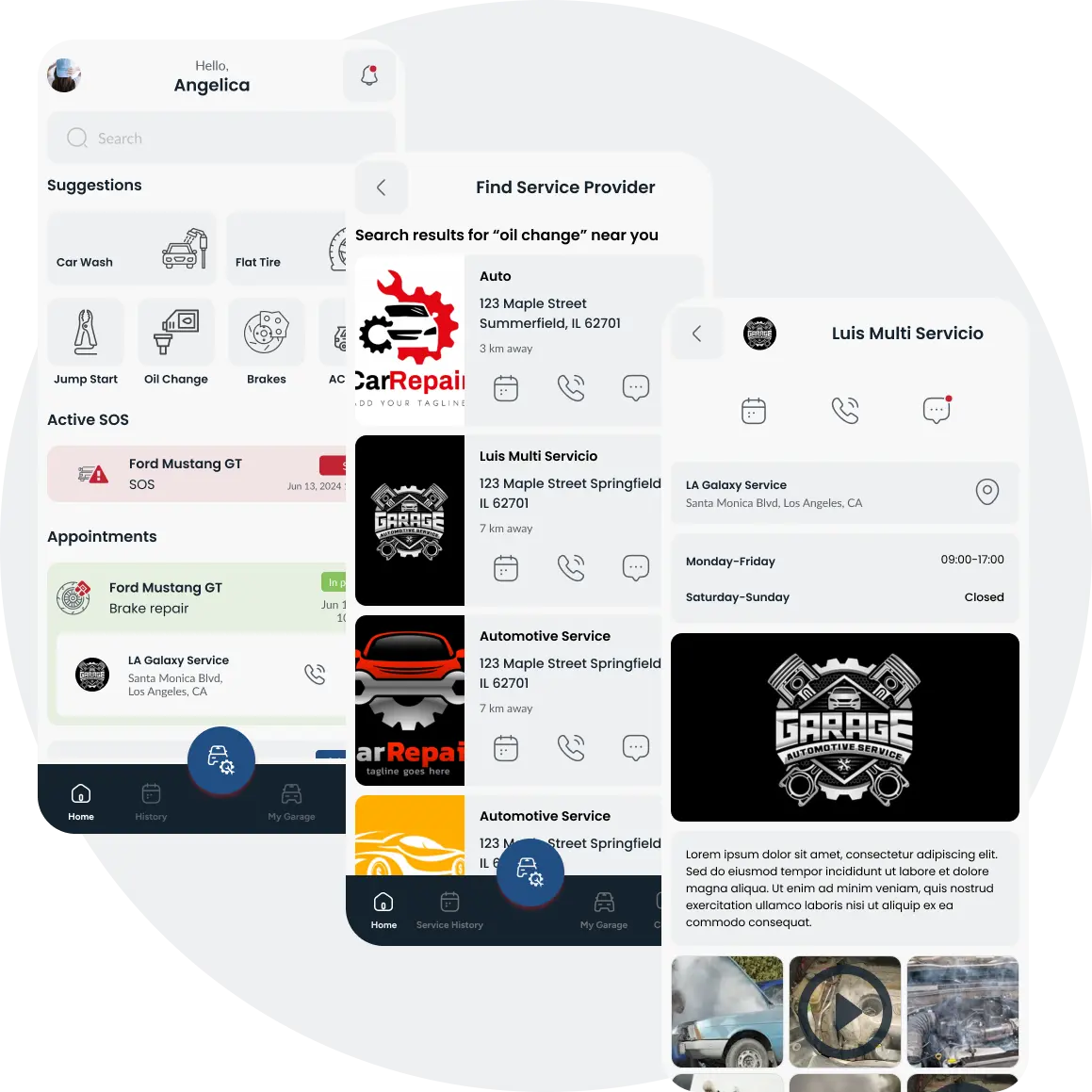 PuraCars mobile app showcasing service provider features and customer app interface