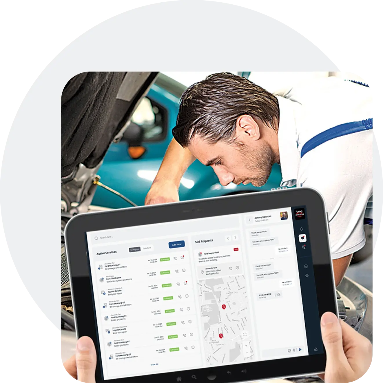 Mechanic using PuraCars business dashboard on tablet